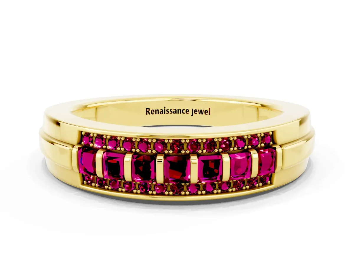 Bar-Set Princess Cut Garnet Pavé Band Yellow gold