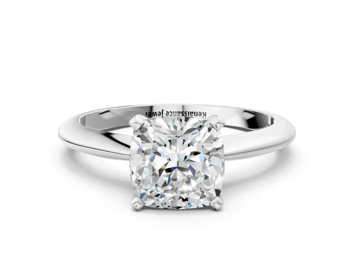 Cushion Cut Diamond Solitaire Engagement Ring with Classic Band and Four-Prong Setting Silver