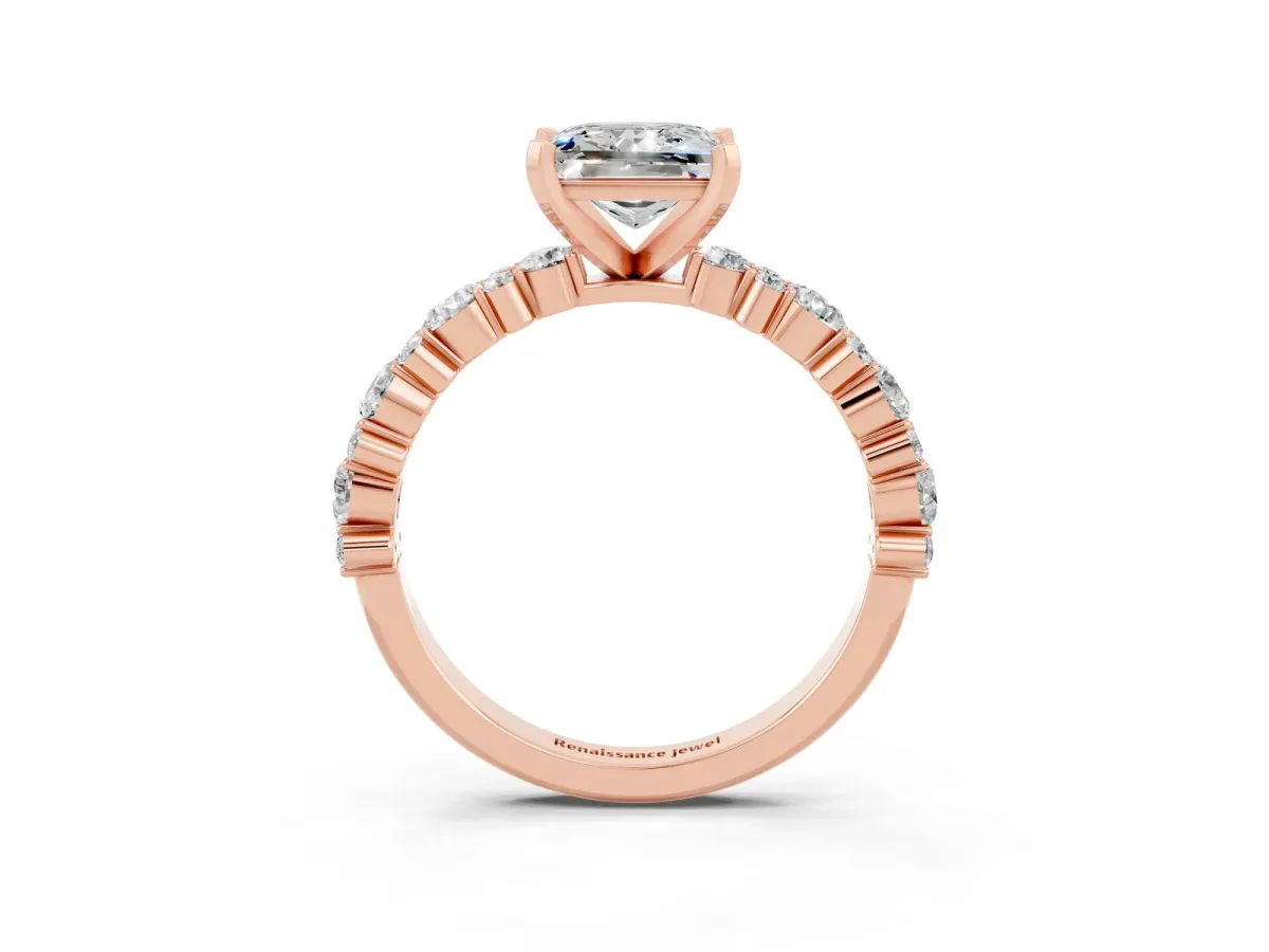 Princess Cut Moissanite Side Stone Solitaire Ring with Round and Four-Prong Setting Rose gold