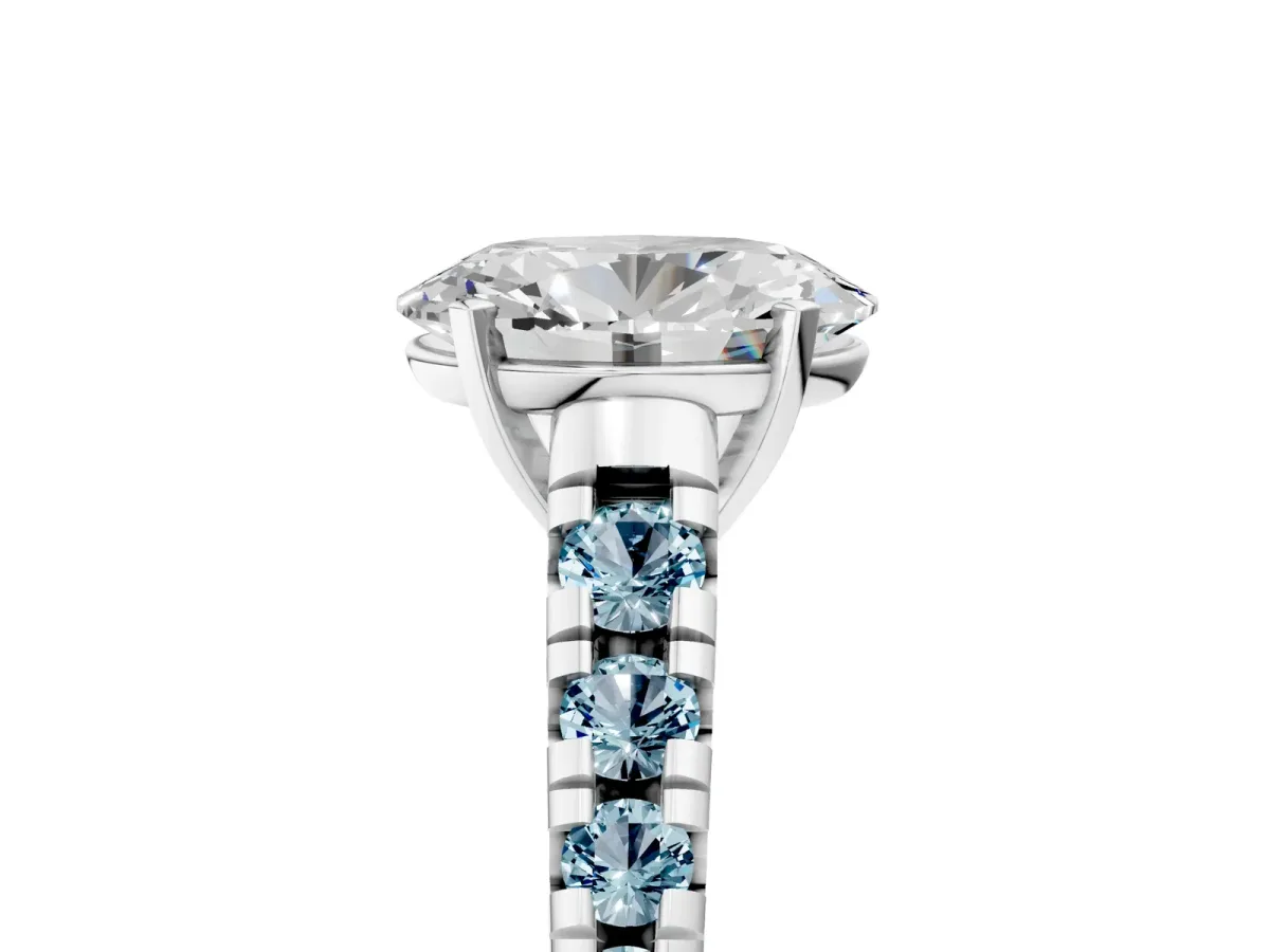 Oval Cut Diamond Cathedral Solitaire Ring with Round Aquamarine Pavé Band Silver
