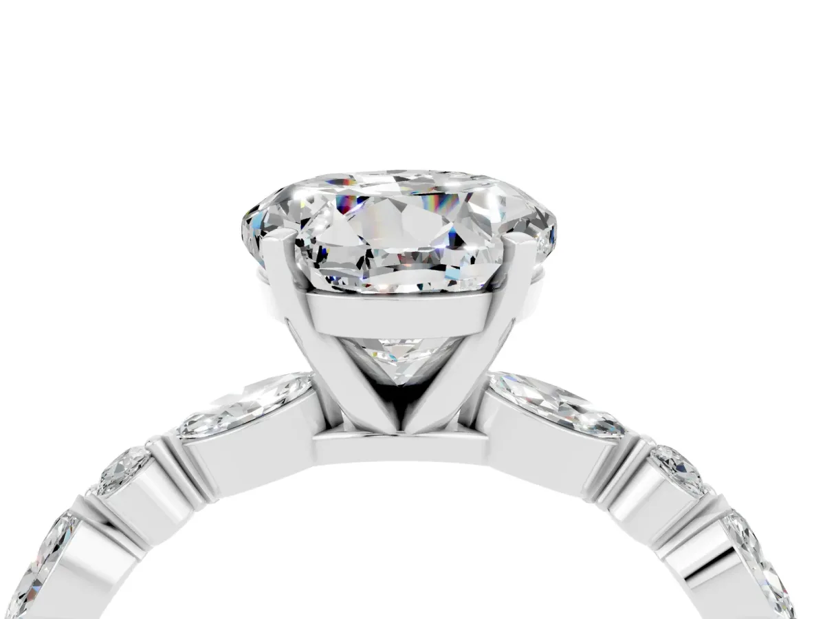 Round Cut Moissanite Ring with Marquise and Round Side Stones and Four-Prong Setting Silver