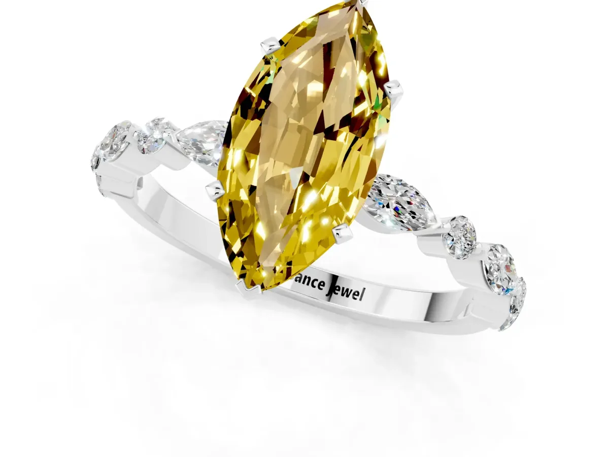 Marquise Cut Yellow Sapphire Ring with Marquise and Round Side Stones and Four-Prong Setting Silver