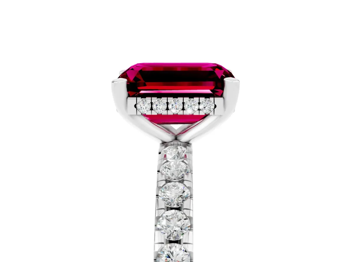 Emerald Cut Garnet Solitaire Ring with Round Pavé Band and Four-Prong Setting White gold