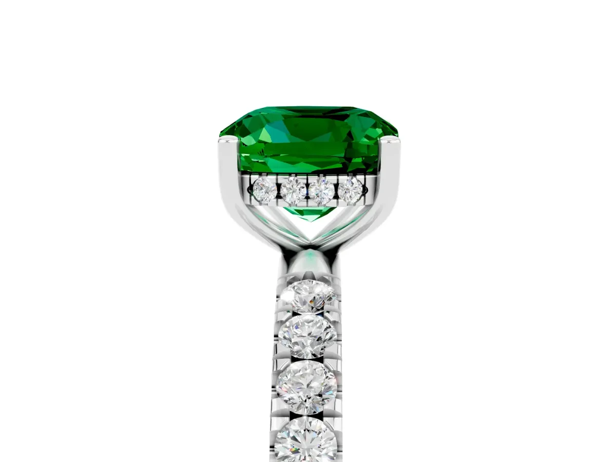 Cushion Cut Emerald Pave Band Solitaire Ring with Round and Prong Setting Platinum