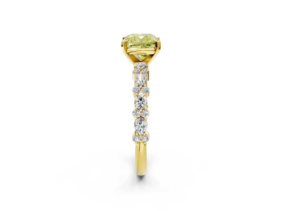 Fancy Yellow Cushion Cut Diamond Side Stone Solitaire Ring with Round and Four-Prong Setting Yellow gold