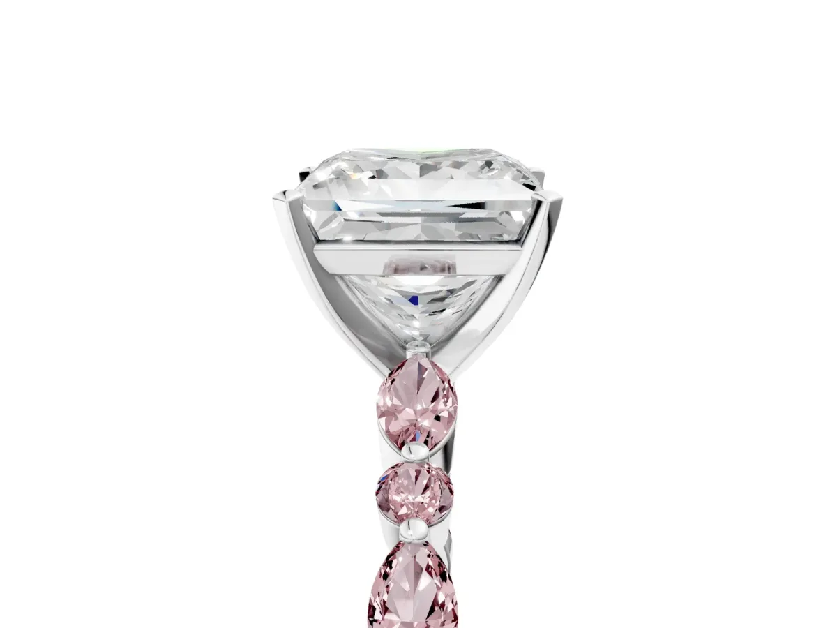 Princess Cut Diamond Ring with Marquise and Round Morganite Side Stones and Four-Prong Setting Silver