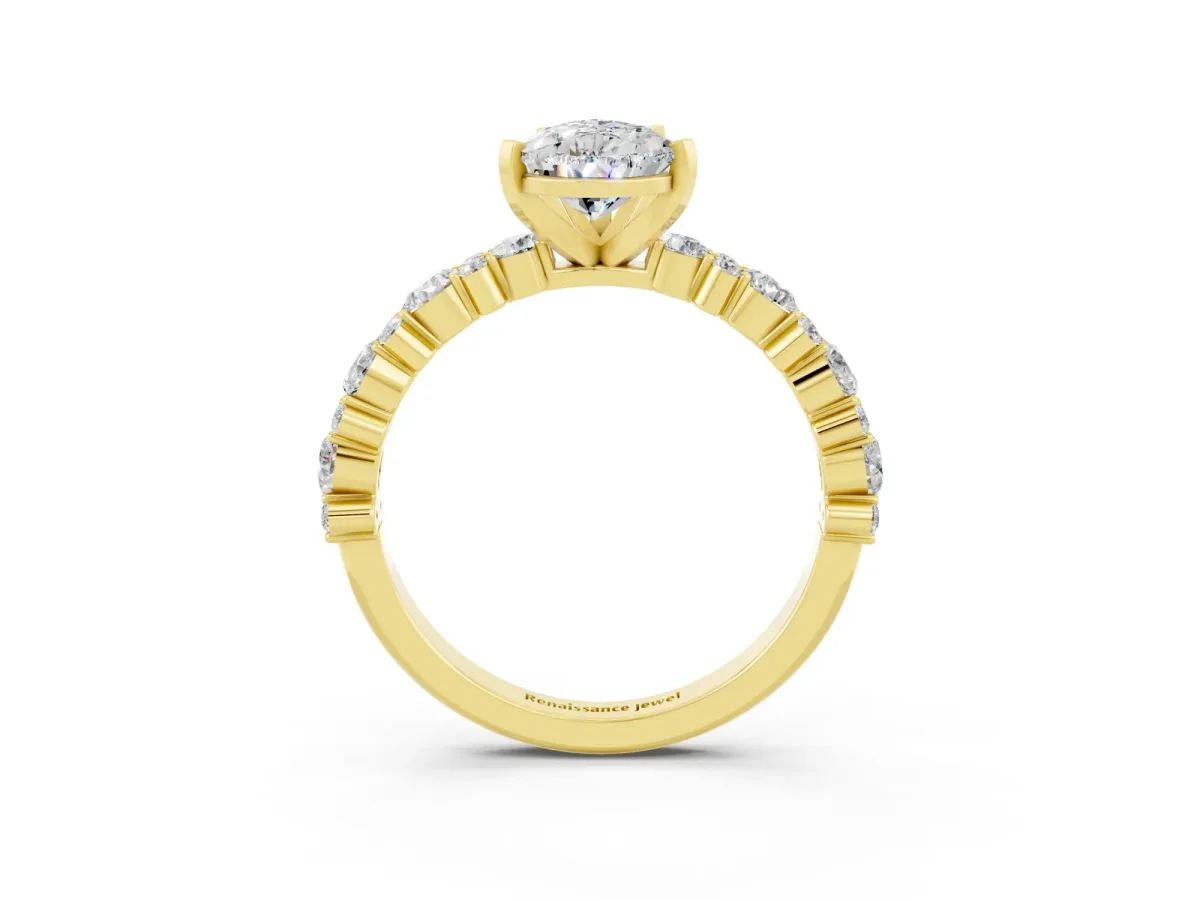 Pear Cut Moissanite Side Stone Solitaire Ring with Round and Four-Prong Setting Yellow gold