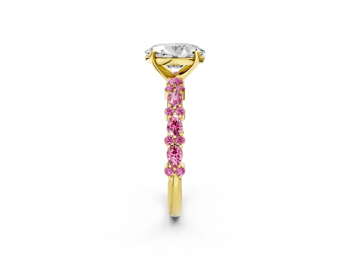 Oval Cut Diamond Side Stone Solitaire Ring with Round Pink Sapphire and Four-Prong Setting Yellow gold
