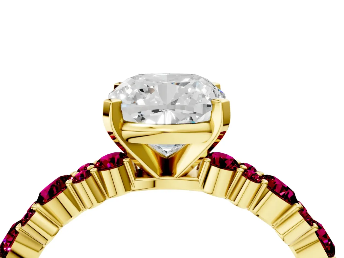 Cushion Cut Diamond Side Stone Solitaire Ring with Round Garnet and Four-Prong Setting Yellow gold