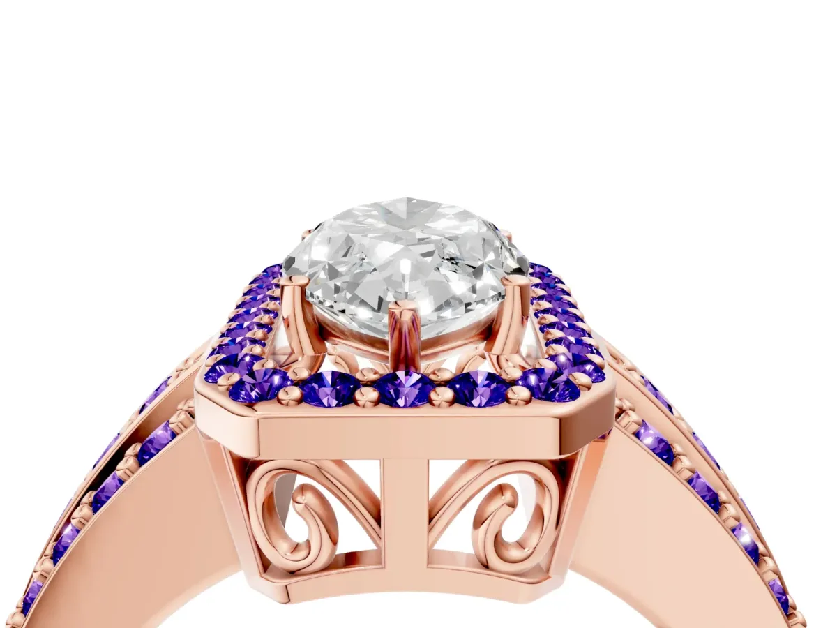 Marquise Cut Halo Diamond Ring with Round Tanzanite Split Shank and Prong Setting Rose gold