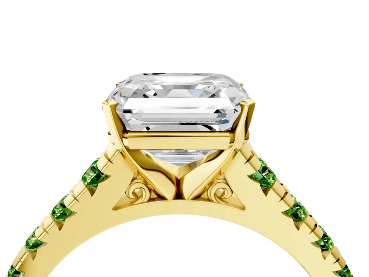 Asscher Cut Diamond Cathedral Solitaire Ring with Round Peridot Pavé Band Yellow gold