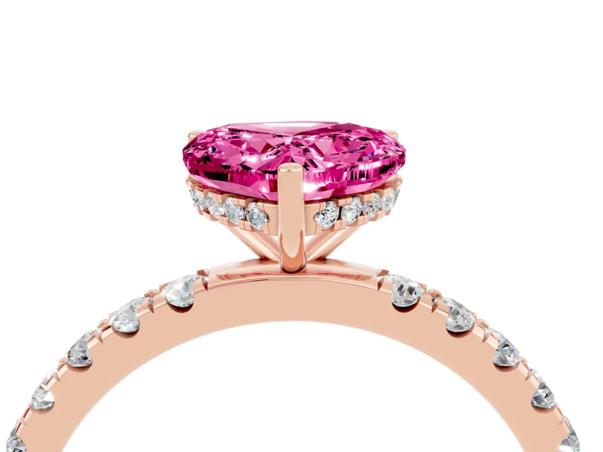 Heart Cut Pink Sapphire Pave Band Solitaire Ring with Round and Prong Setting Rose gold
