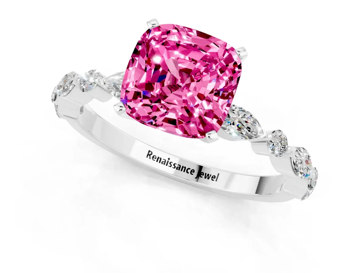 Cushion Cut Pink Sapphire Ring with Marquise and Round Side Stones and Four-Prong Setting Silver