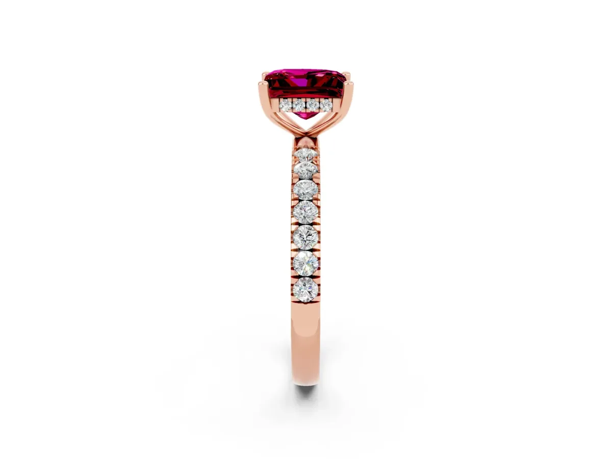 Princess Cut Garnet Pave Band Solitaire Ring with Round and Prong Setting Rose gold