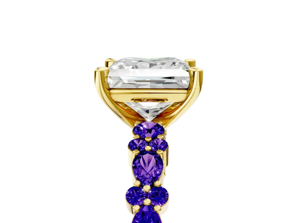 Princess Cut Diamond Side Stone Solitaire Ring with Round Tanzanite and Four-Prong Setting Yellow gold