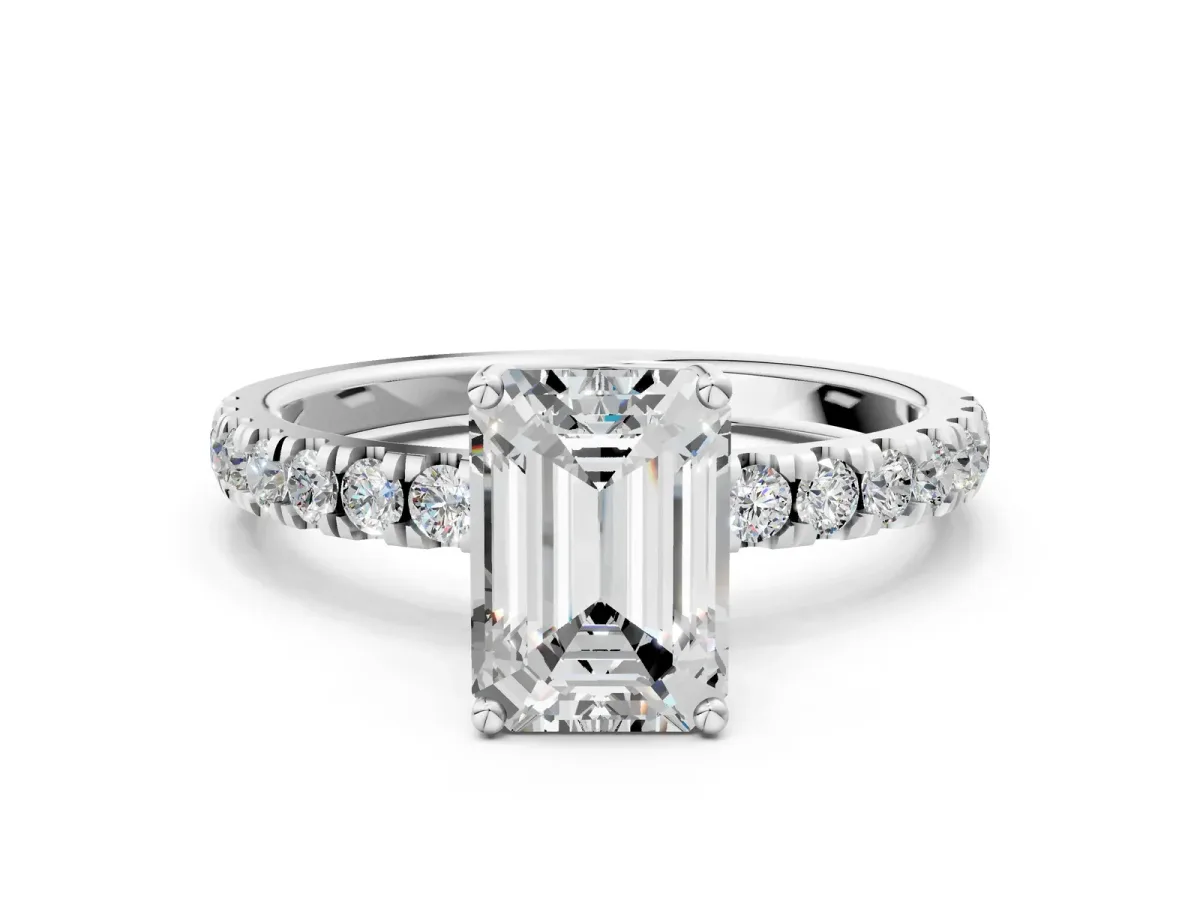 Emerald Cut Diamond Pave Band Solitaire Ring with Round and Prong Setting Platinum