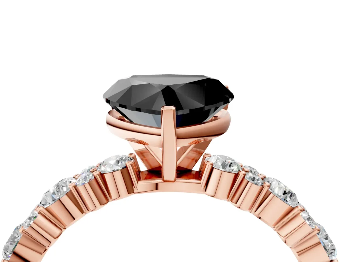 Fancy Black Heart Cut Diamond Side Stone Solitaire Ring with Round and Four-Prong Setting Rose gold