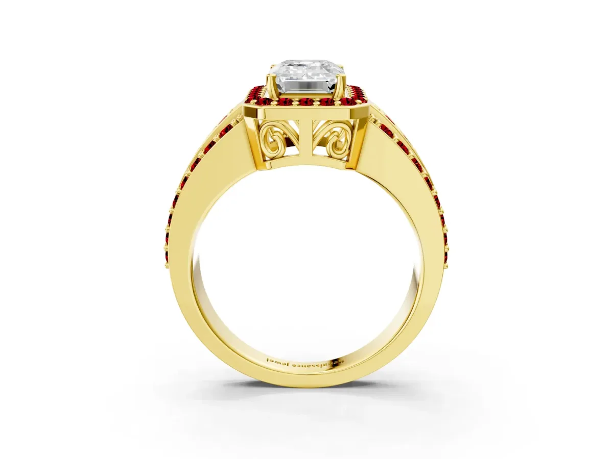 Emerald Cut Halo Diamond Ring with Round Ruby Split Shank and Prong Setting Yellow gold