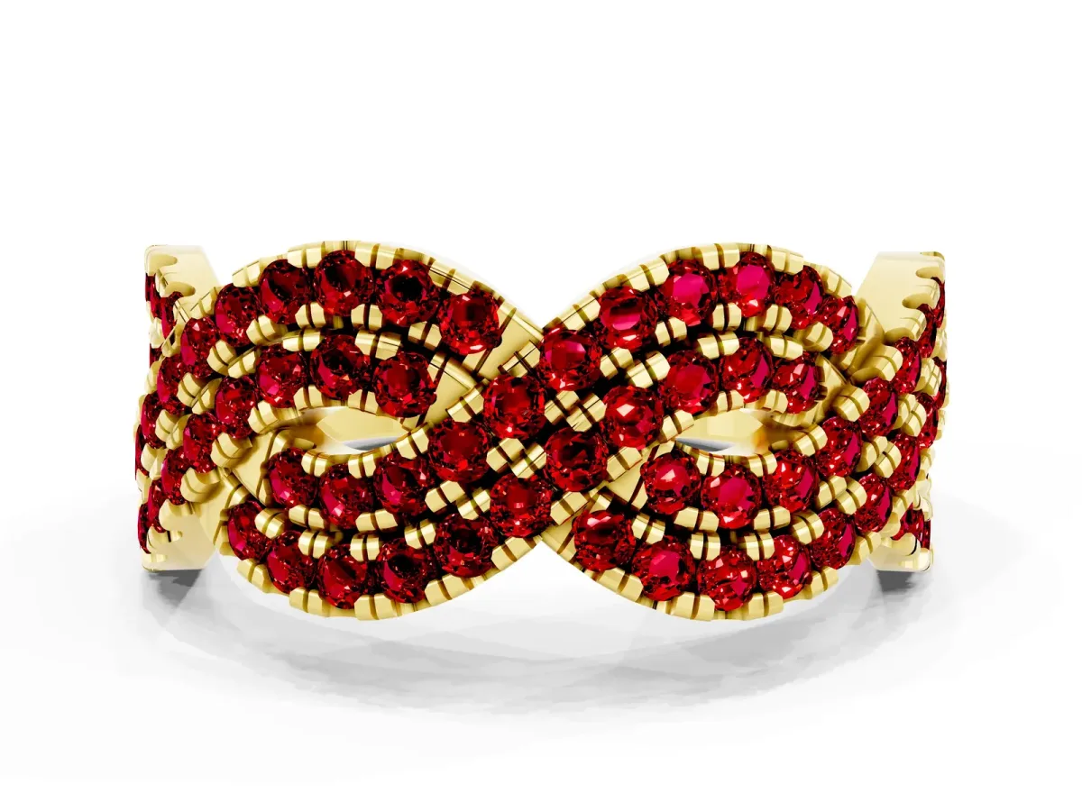 Pavé Round Ruby Infinity Twist Band with Shared Prong Setting Yellow gold