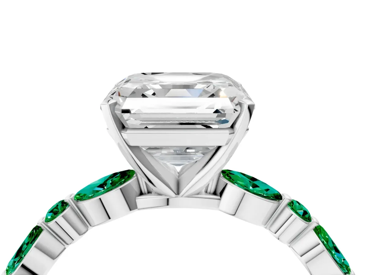 Asscher Cut Diamond Ring with Marquise and Round Emerald Side Stones and Four-Prong Setting Silver
