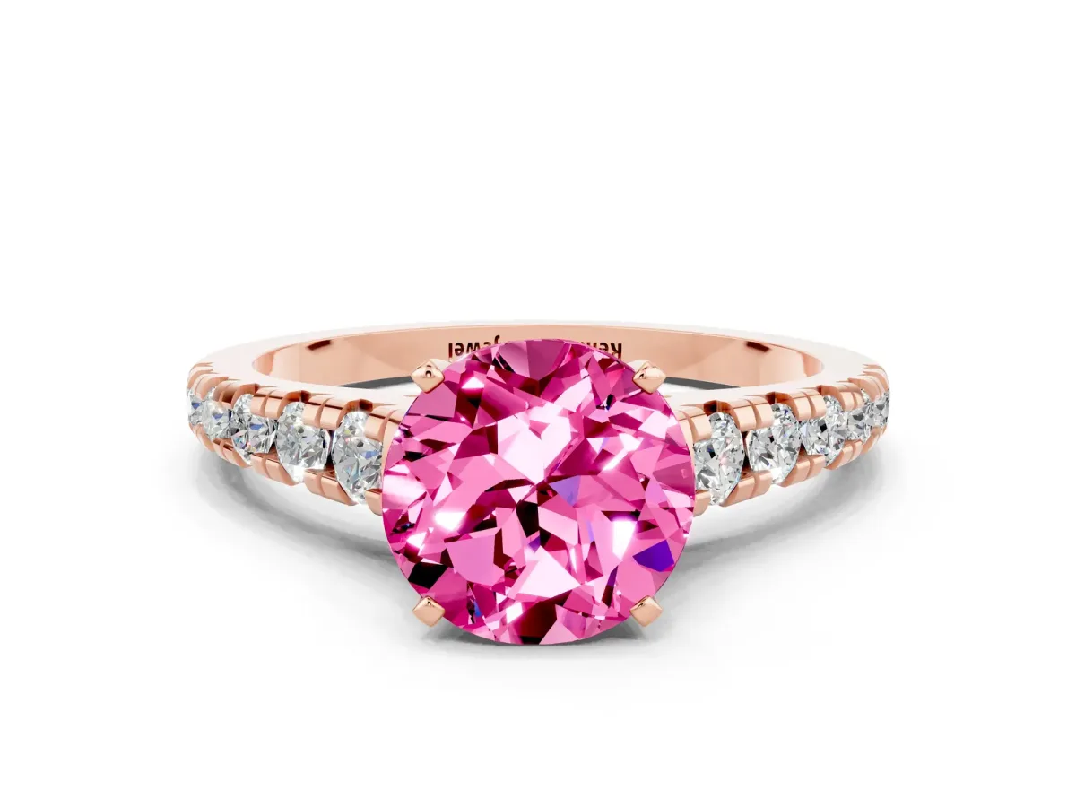 Round Cut Pink Sapphire Cathedral Solitaire Ring with Round Pavé Band Rose gold