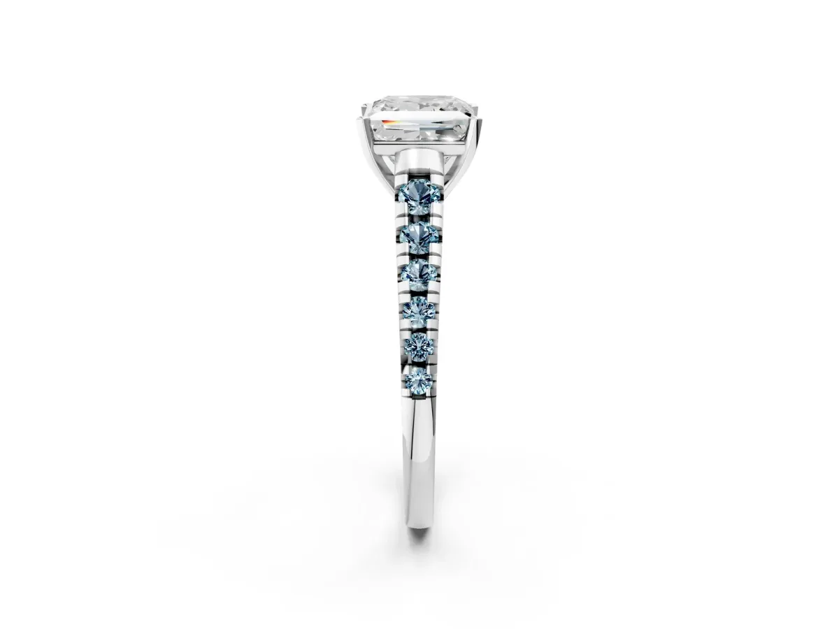 Princess Cut Diamond Cathedral Solitaire Ring with Round Aquamarine Pavé Band Silver