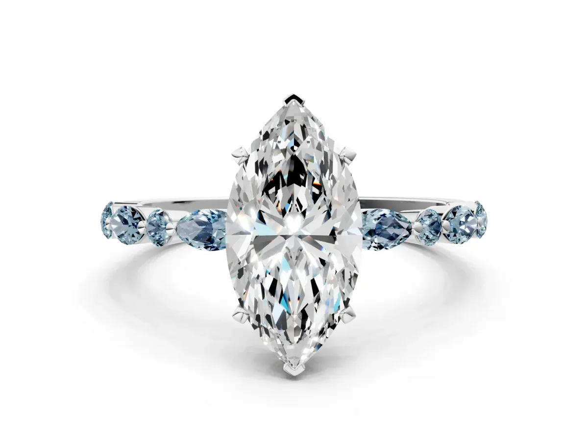 Marquise Cut Diamond Ring with Marquise and Round Aquamarine Side Stones and Four-Prong Setting Silver