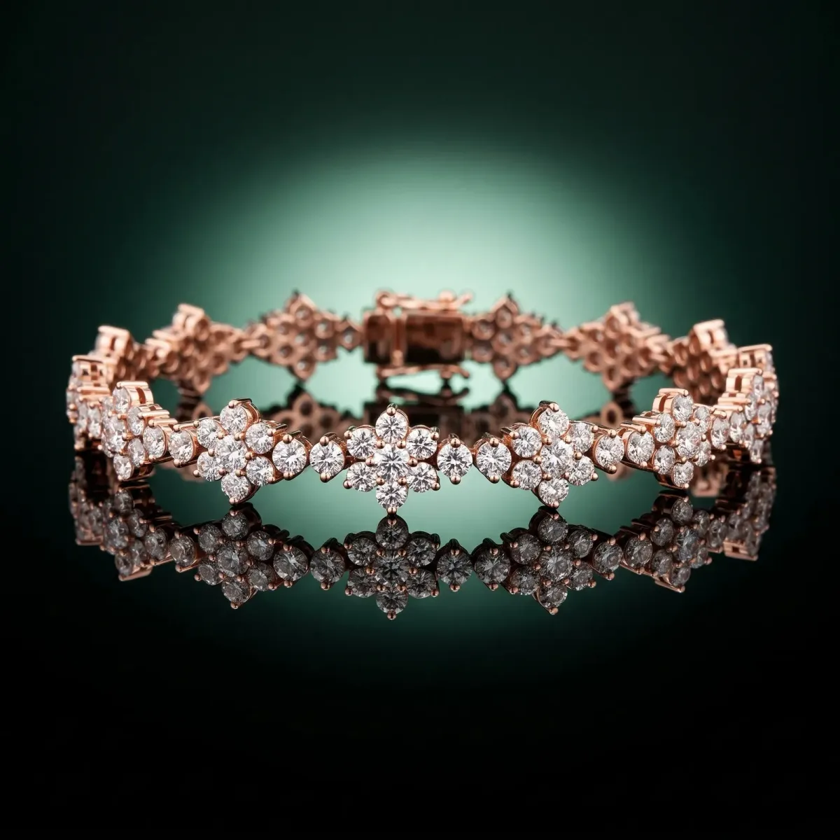 Round Diamond Floral Cluster Tennis Bracelet with Prong Setting Rose gold