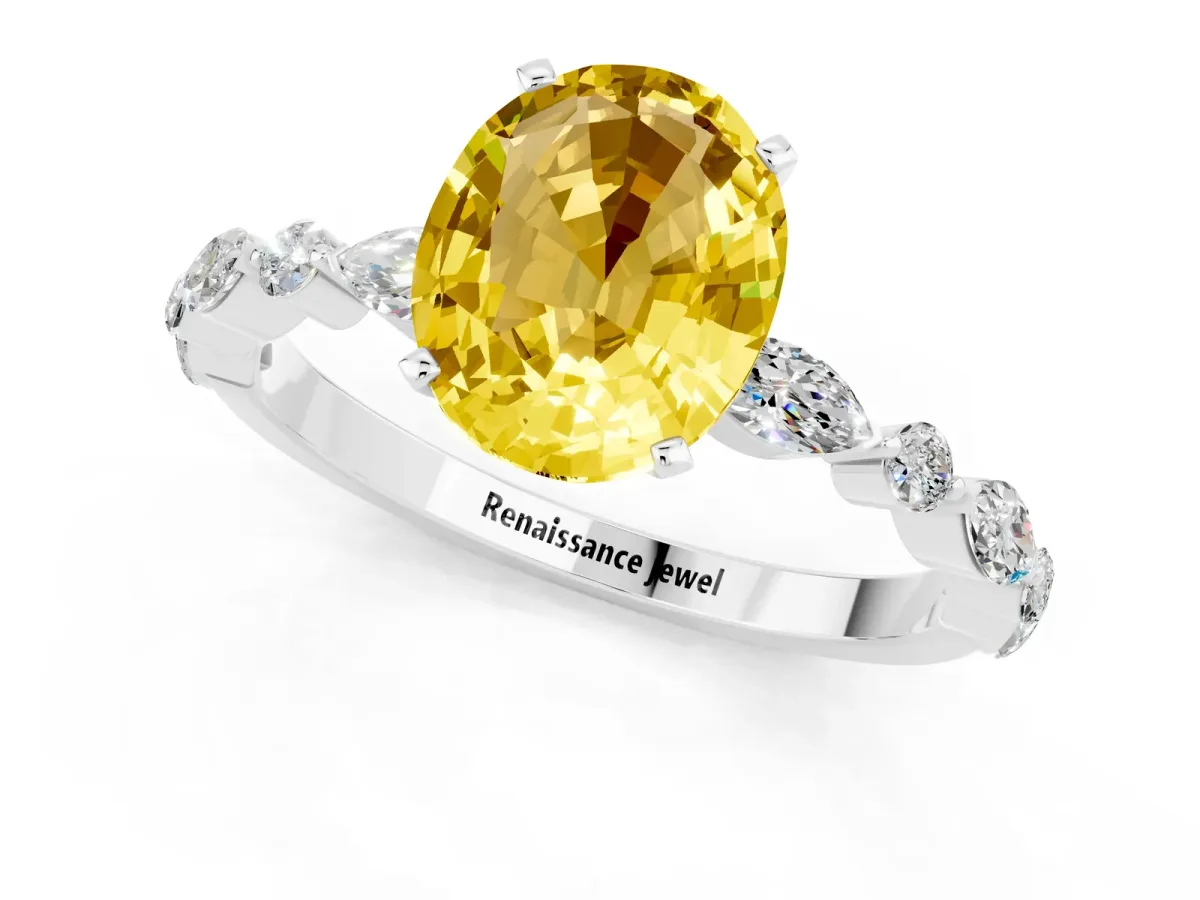 Oval Cut Yellow Sapphire Ring with Marquise and Round Side Stones and Four-Prong Setting Silver