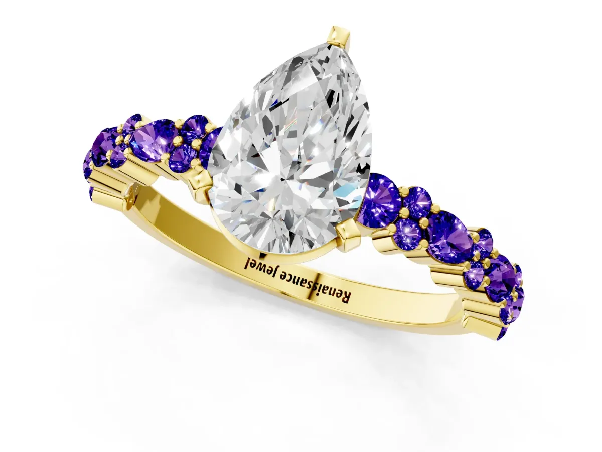 Pear Cut Diamond Side Stone Solitaire Ring with Round Tanzanite and Four-Prong Setting Yellow gold