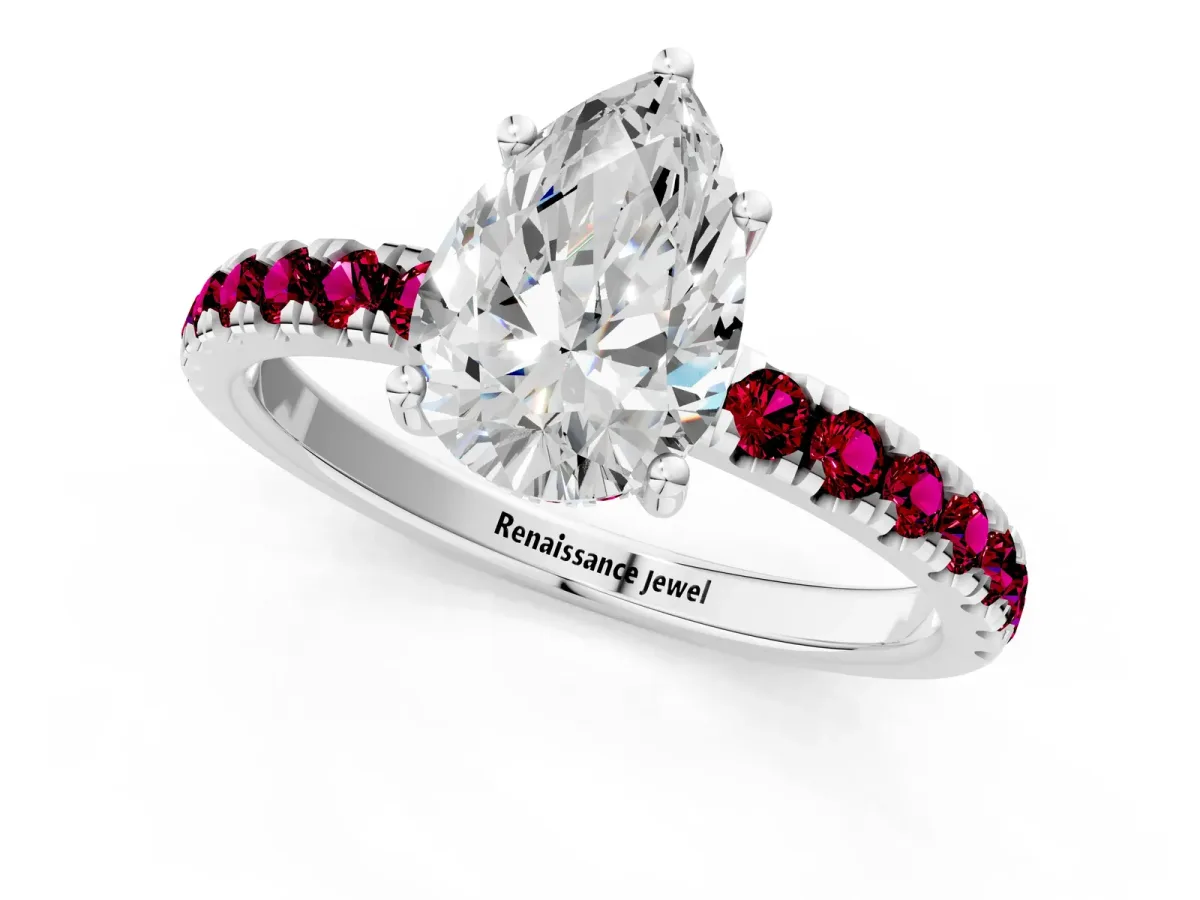 Pear Cut Diamond Pave Band Solitaire Ring with Round Garnet and Prong Setting White gold