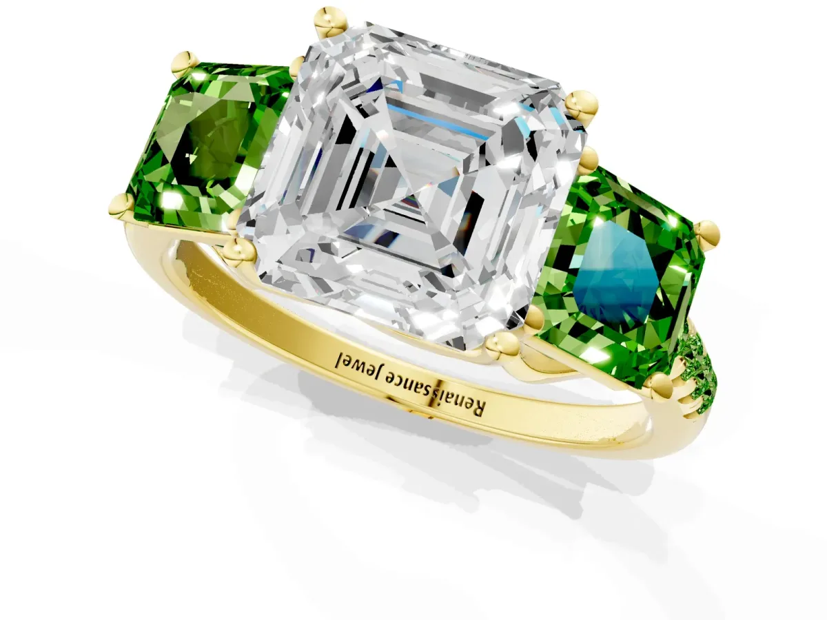 Three-Stone Asscher Cut Diamond Ring with Round Peridot Pavé Band and Prong Setting Yellow gold