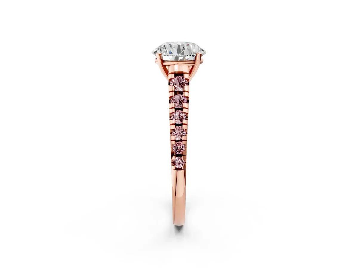 Round Cut Diamond Cathedral Solitaire Ring with Round Morganite Pavé Band Rose gold