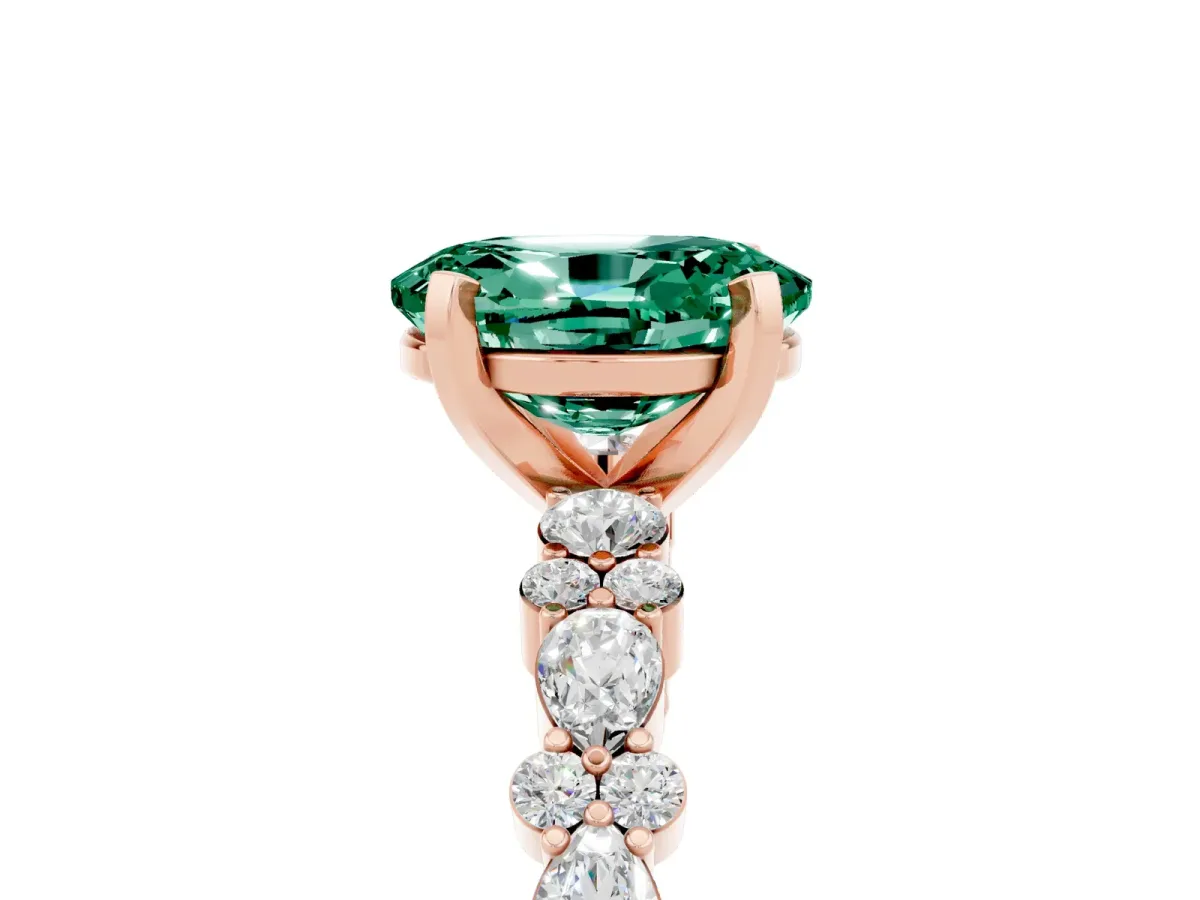 Oval Cut Green Sapphire Side Stone Solitaire Ring with Round and Four-Prong Setting Rose gold