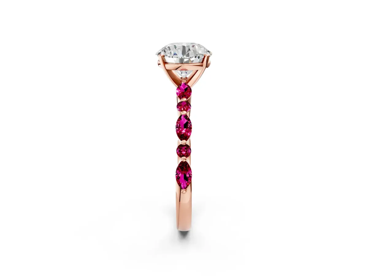 Round Cut Diamond Ring with Marquise and Round Garnet Side Stones and Four-Prong Setting Rose gold