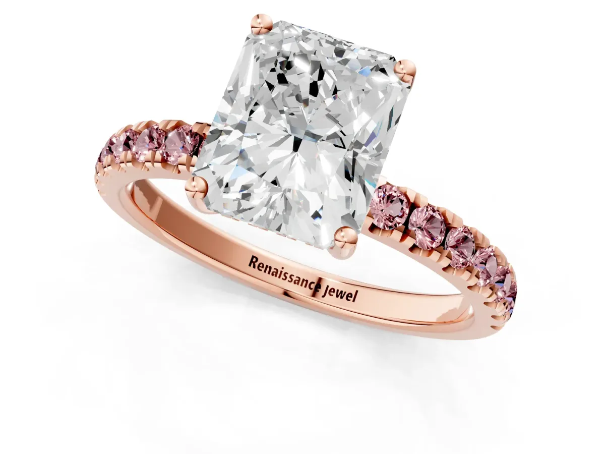 Radiant Cut Diamond Pave Band Solitaire Ring with Round Morganite and Prong Setting Rose gold