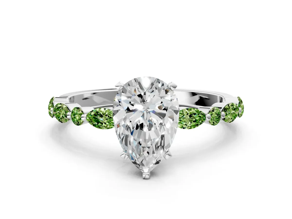 Pear Cut Diamond Ring with Marquise and Round Peridot Side Stones and Four-Prong Setting Platinum
