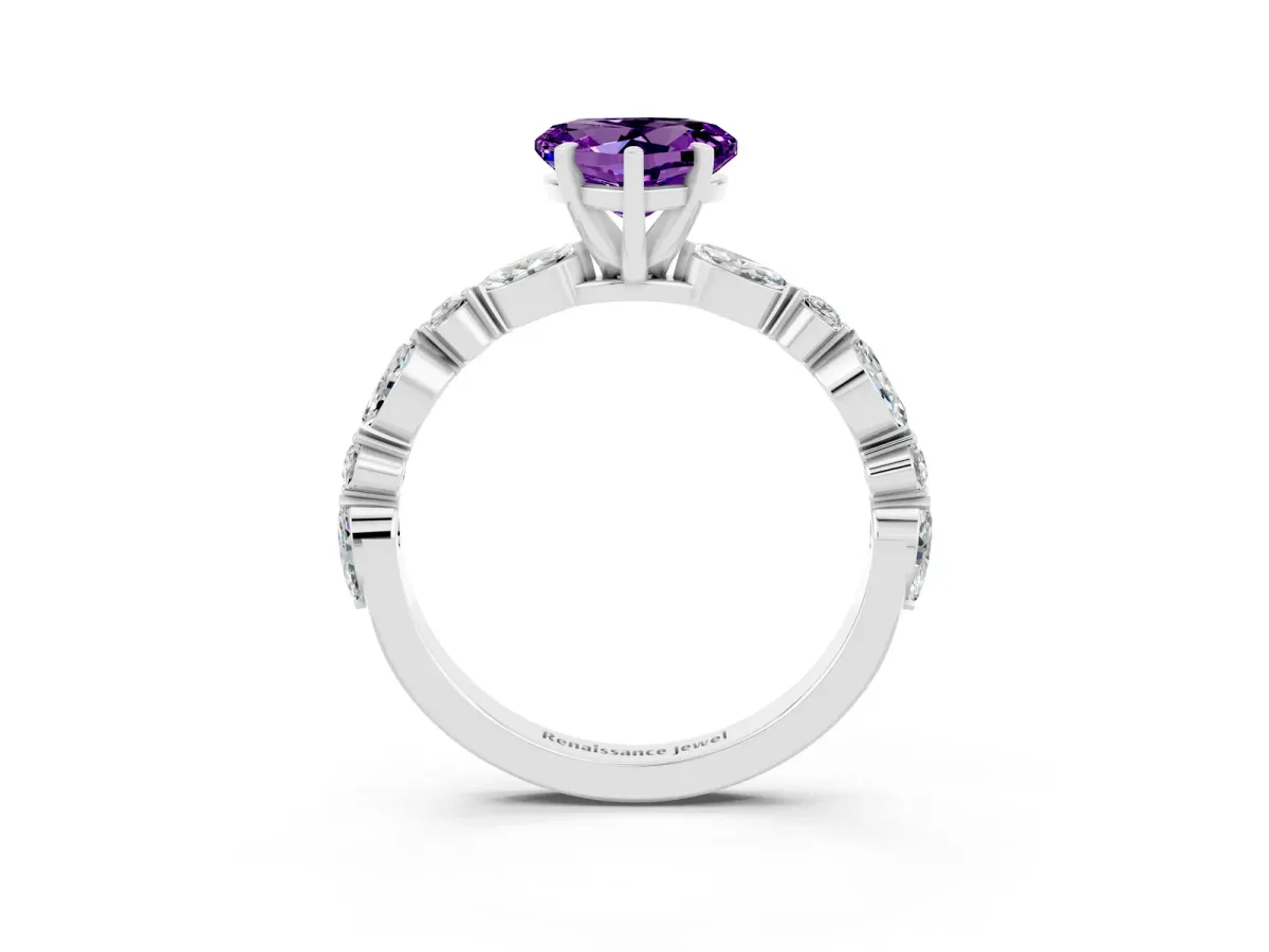 Heart Cut Amethyst Ring with Marquise and Round Side Stones and Four-Prong Setting Silver