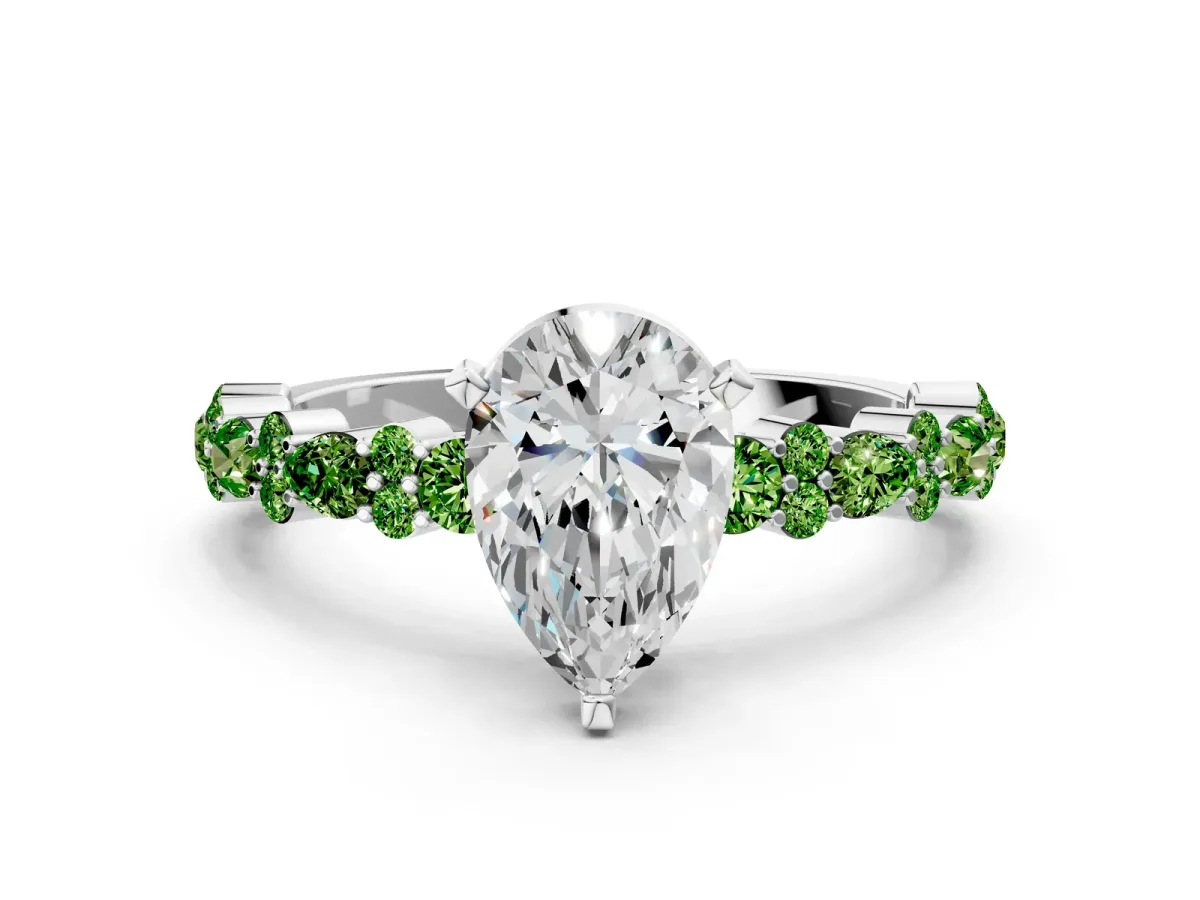 Pear Cut Diamond Side Stone Solitaire Ring with Round Peridot and Four-Prong Setting Platinum