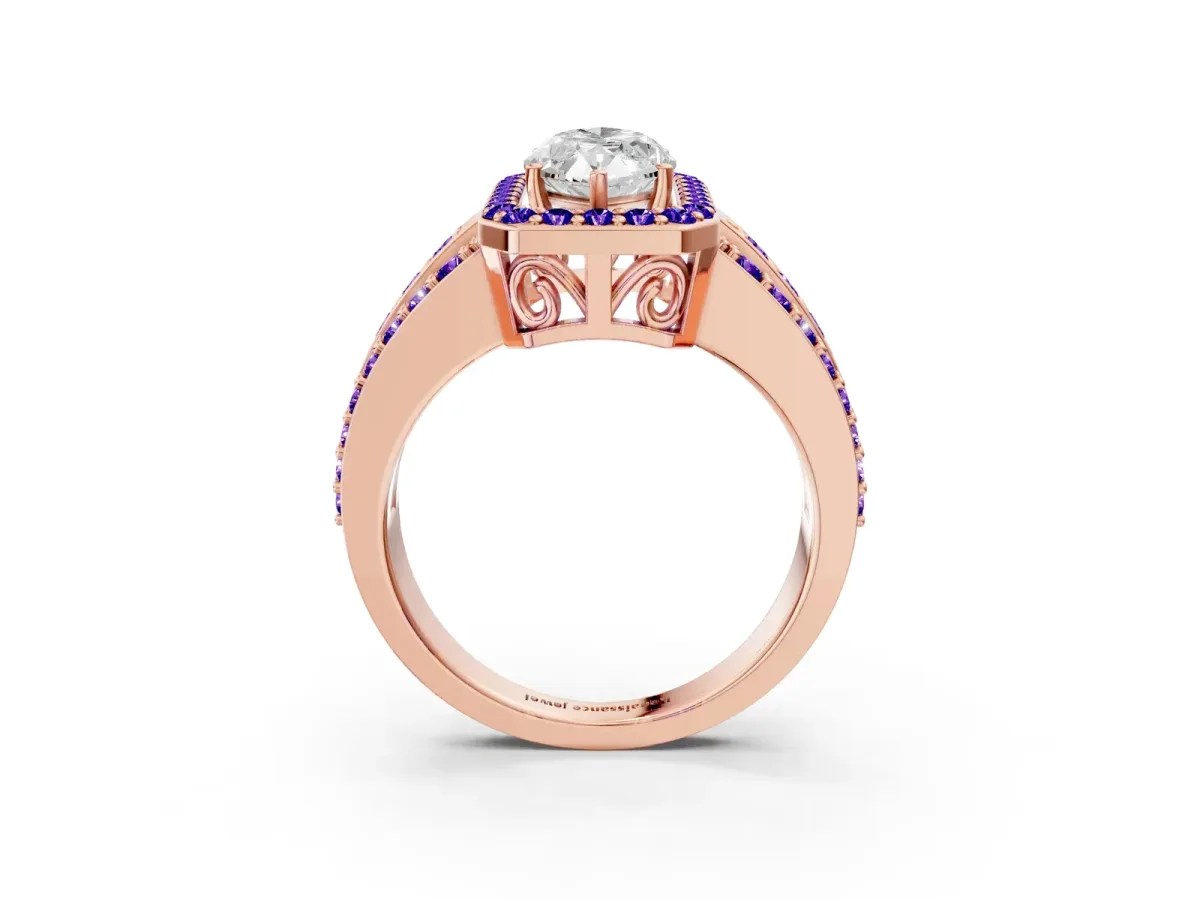 Marquise Cut Halo Diamond Ring with Round Tanzanite Split Shank and Prong Setting Rose gold