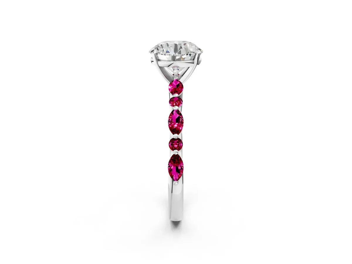Round Cut Diamond Ring with Marquise and Round Garnet Side Stones and Four-Prong Setting Platinum
