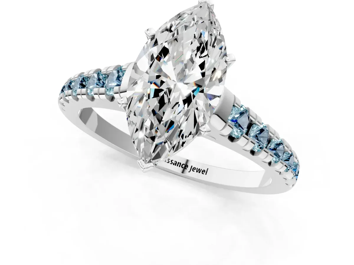Marquise Cut Diamond Cathedral Solitaire Ring with Round Aquamarine Pavé Band Silver