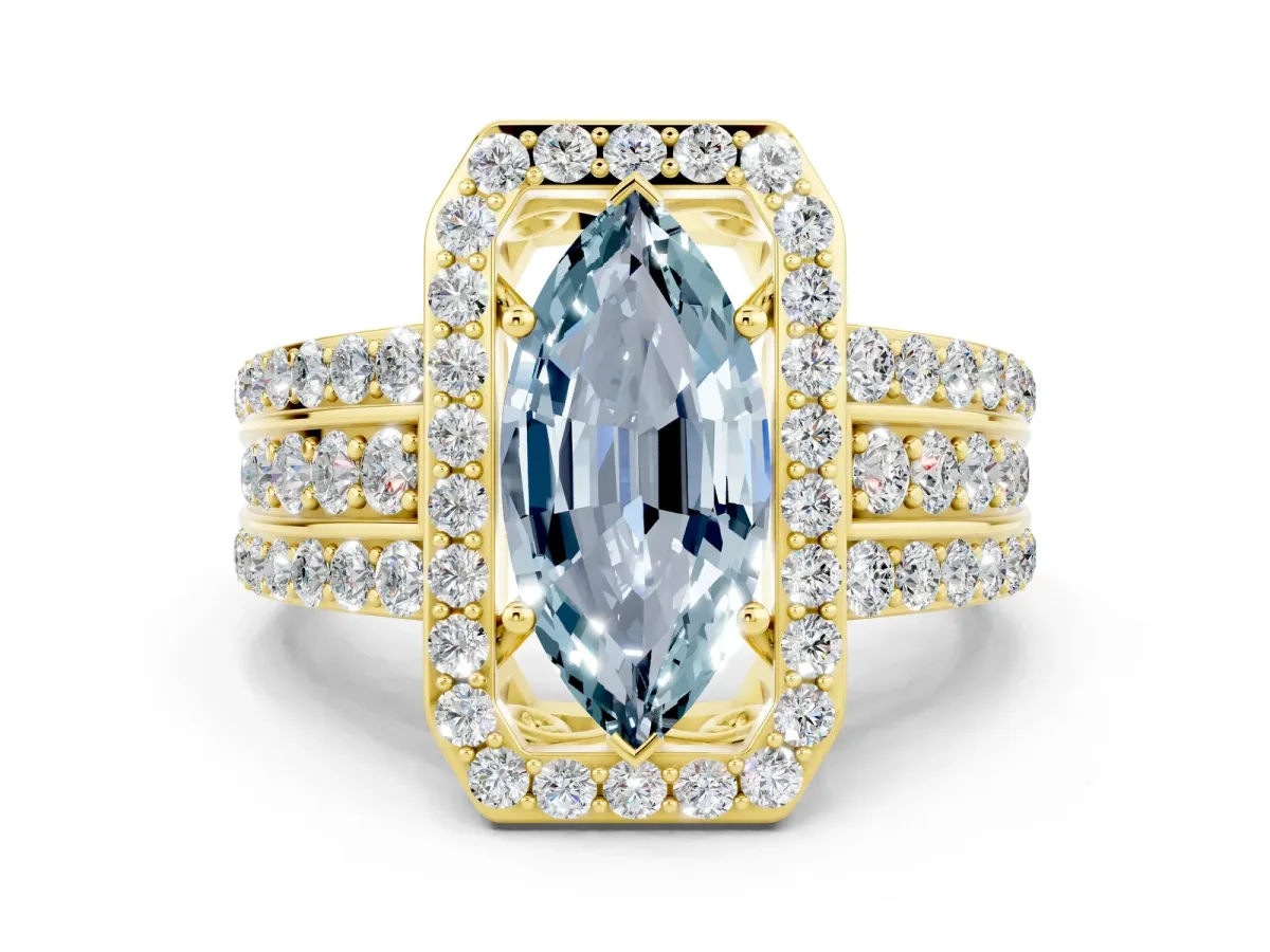 Marquise Cut Halo Aquamarine Ring with Round Split Shank and Prong Setting Yellow gold