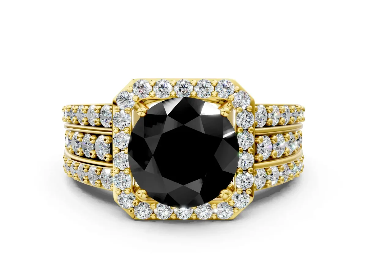 Fancy Black Round Cut Halo Diamond Ring with Round Split Shank and Prong Setting Yellow gold