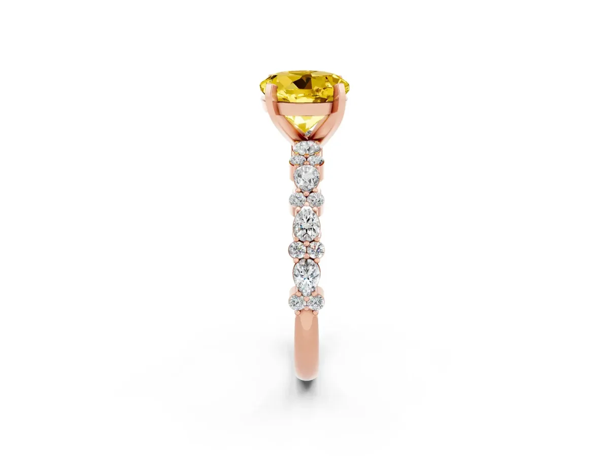 Round Cut Yellow Sapphire Side Stone Solitaire Ring with Round and Four-Prong Setting Rose gold