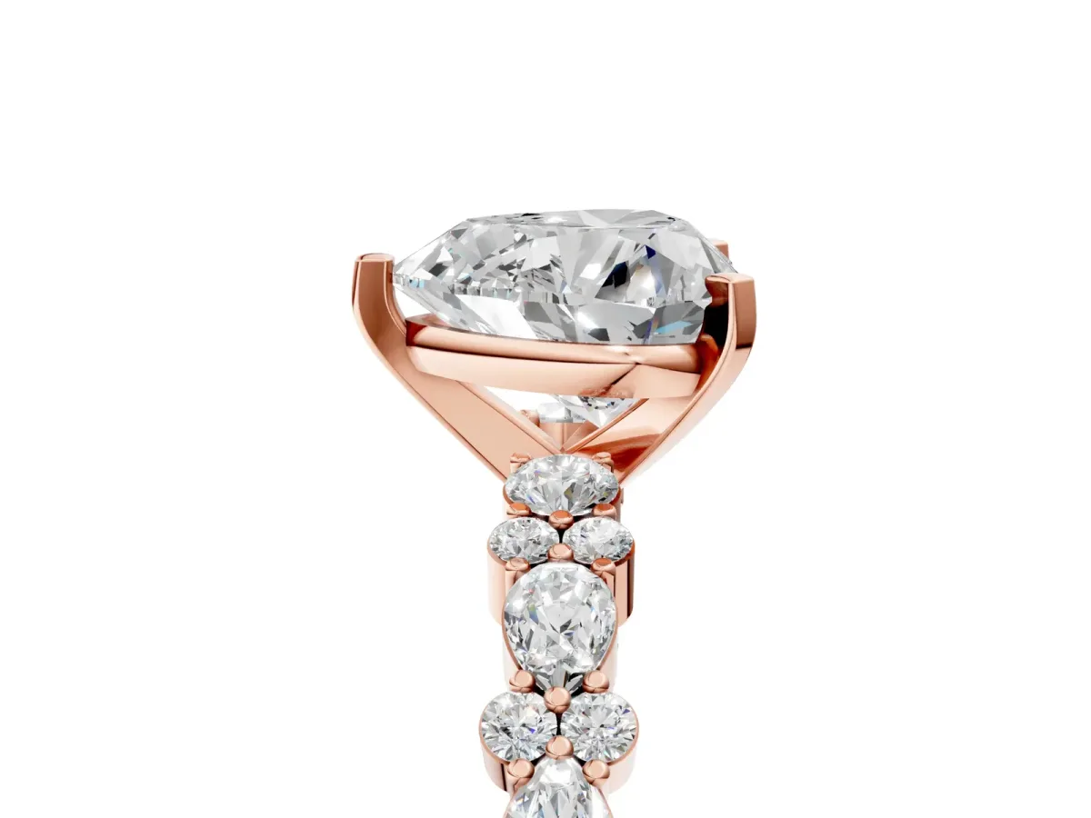 Heart Cut Diamond Side Stone Solitaire Ring with Round Moissanite and Four-Prong Setting Rose gold