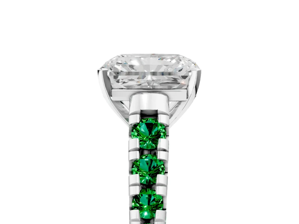 Radiant Cut Diamond Cathedral Solitaire Ring with Round Emerald Pavé Band Silver
