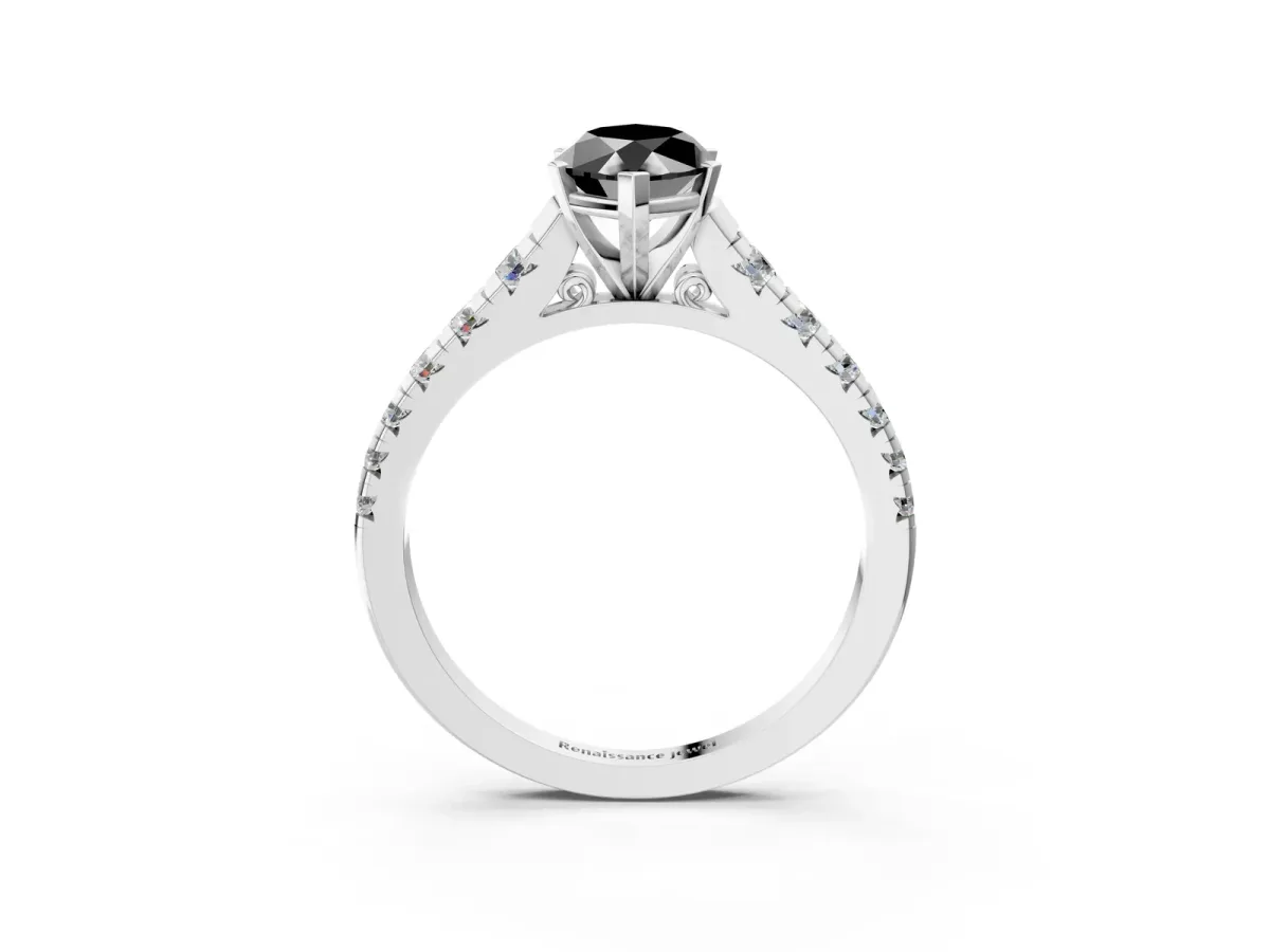 Fancy Black Marquise Cut Diamond Cathedral Solitaire Ring with Round Pavé Band Silver