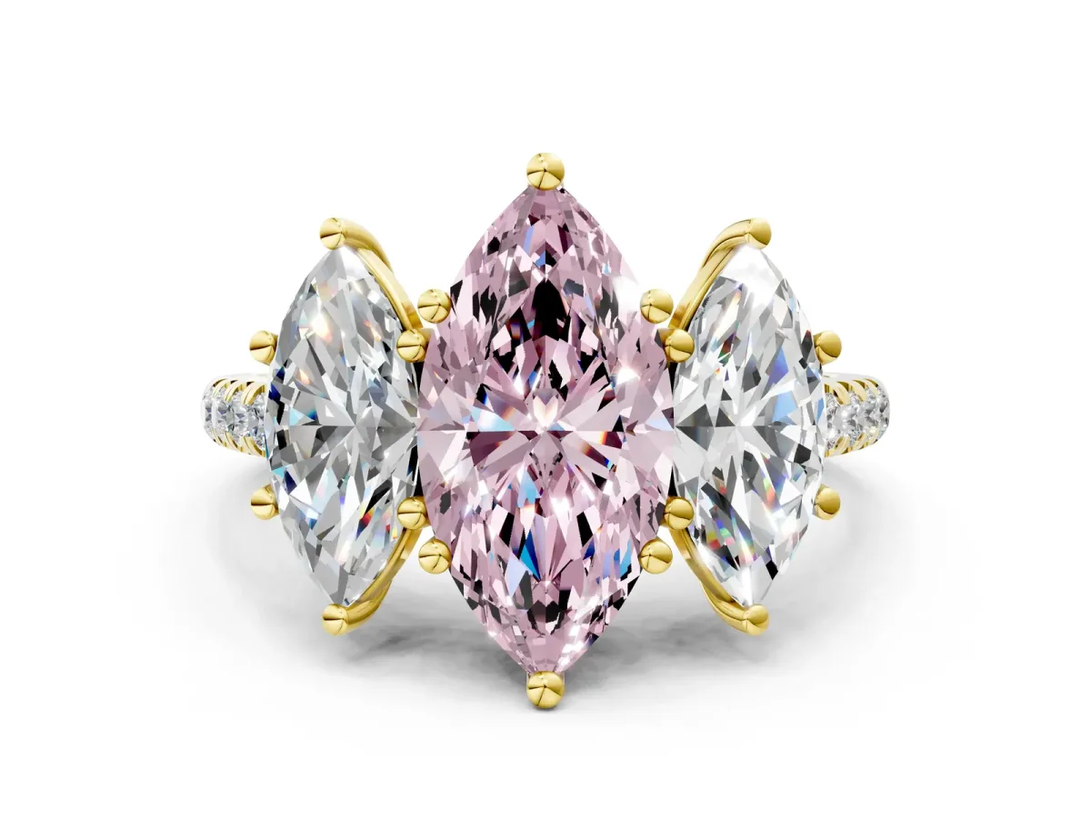 Fancy Pink Three-Stone Marquise Cut Diamond Ring with Round Pavé Band and Prong Setting Yellow gold