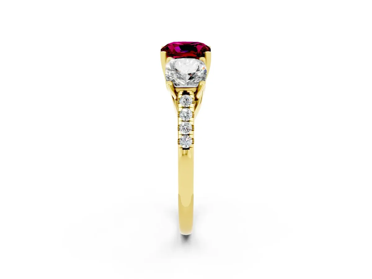 Three-Stone Cushion Cut Garnet Ring with Round Pavé Band and Prong Setting Yellow gold
